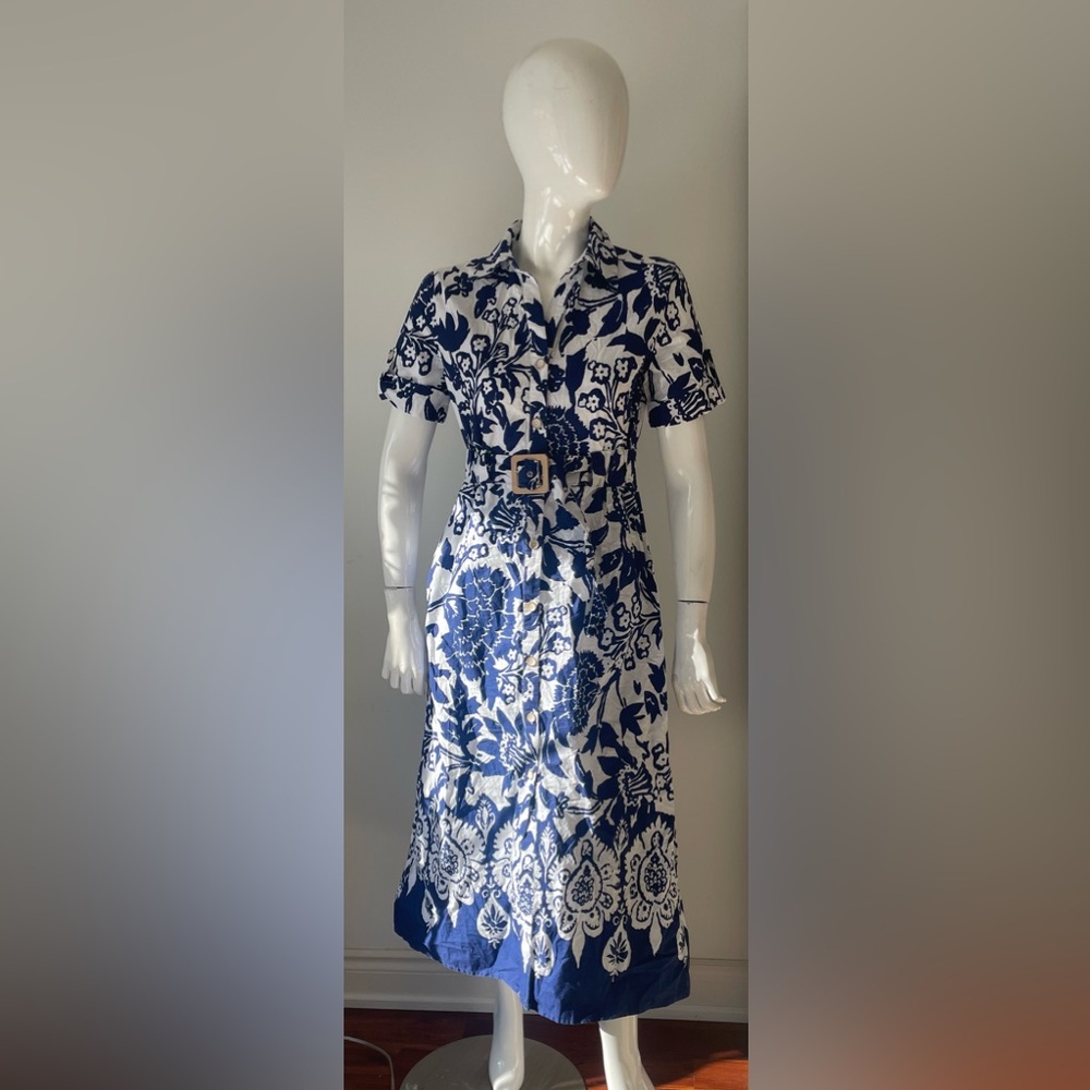 Joie Blue & White Floral Button-Front Midi Dress Belted Shirt Dress S - Picture 2 of 8